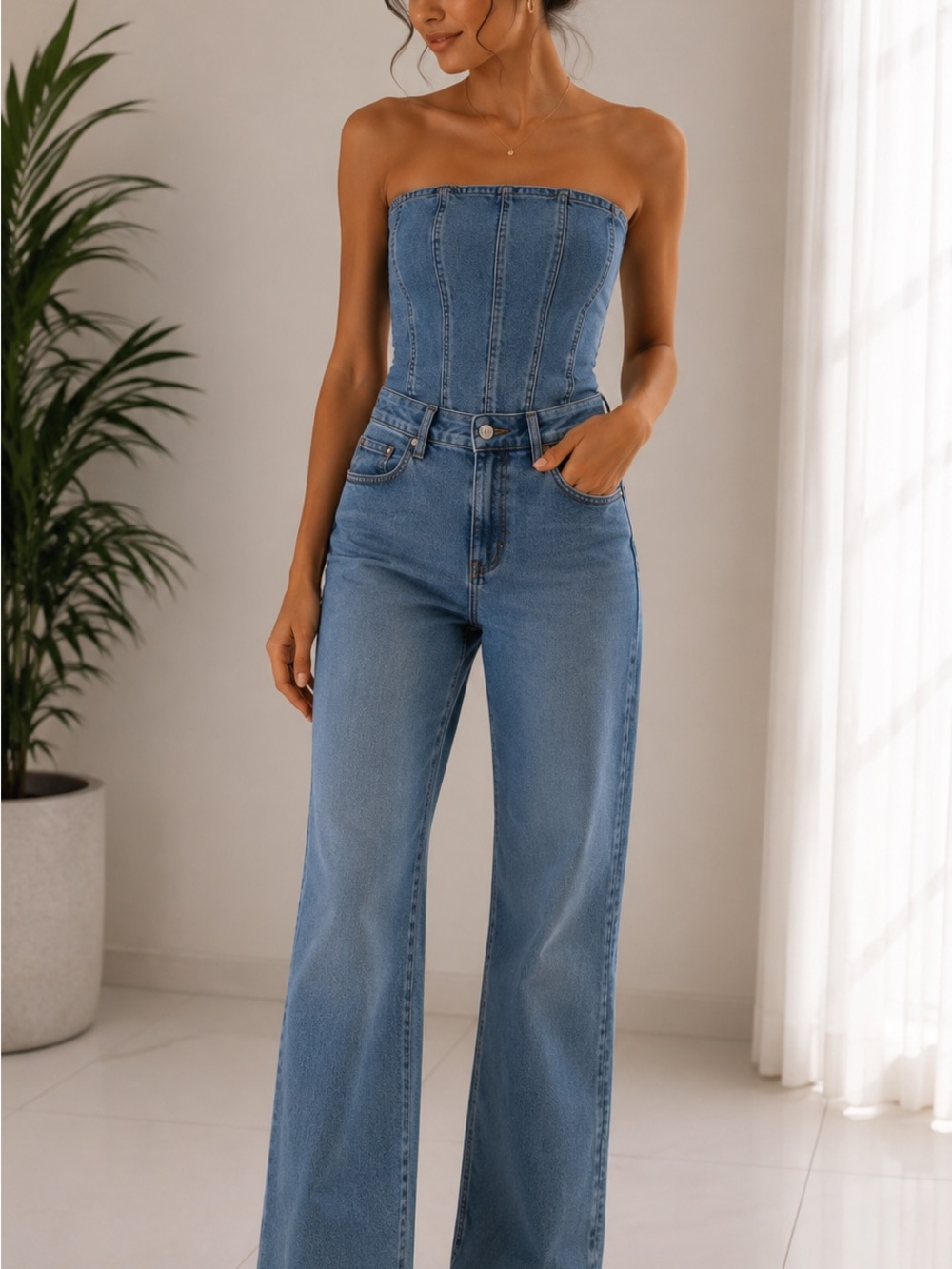 Mango MNG Sleeveless Denim Jumpsuit Blue Medium Wash M Utility NEW